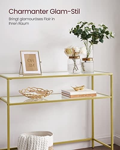 Vasagle -konsolbord, tempereret glasbord, moderne sofa eller indgangsbord, metalramme, 2 hylder, justerbare fødder, til stue, hallway, guldfarve LGT025A01