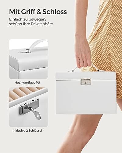 Songmics smykkeskasse, arrangør med 2 skuffer, låsbar sag med spejl, bærbar rejsesag, til ringe, armbånd, øreringe, halskæder, fløjlforing, gave, hvid JBC121W