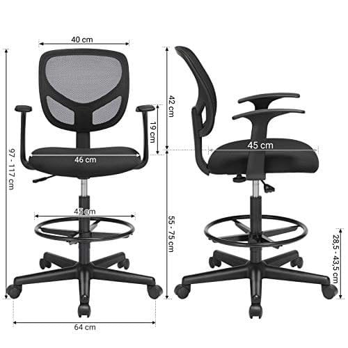 Songmics Office Chair Ergonomic Work Affol med armlæns sædehøjde 55-75 cm høj arbejdstol med justerbar fodringbelastningskapacitet 120 kg sort obn25bk
