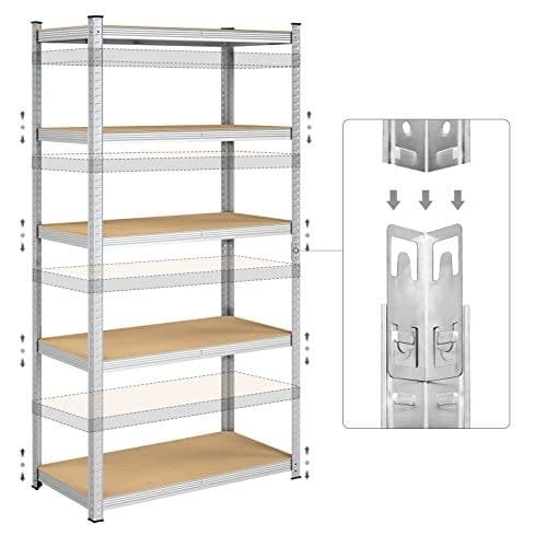 Songmics 5-lags hyldeenhed, stålhylder til opbevaring, værktøjsfri samling, til garage, skur, belastningskapacitet 600 kg, 50 x 100 x 200 cm, sølv GLR050E01