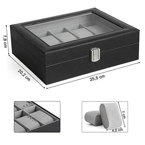 Songmics Watchbox 10 paikkaa, kellokotelo lasikannella, harmaa vuori