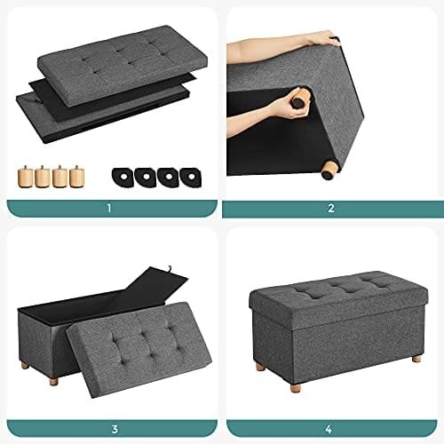 Songmics Storage Ottoman, polstret sammenfoldelig bænk, bryst med låg, massivt træfødder, rumbesparende, 65L kapacitet, holder op til 300 kg, til soveværelse, gang, børns værelse, mørkegrå LSF16gyz