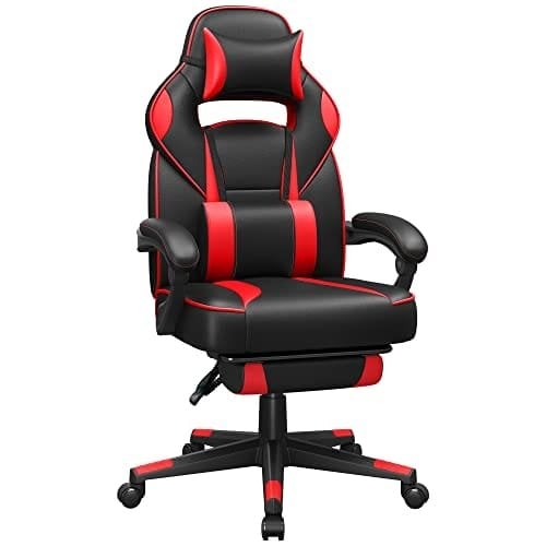 Songmics Racing Gaming Chair, Justerbar kontorstol med fodstøtte, ergonomisk design, vippemekanisme, nakkestøtte, lumbale support, 150 kg vægtkapacitet, sort og rød OBG73BRV1