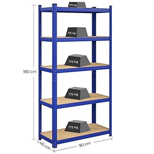 Songmics 5-lags reolerenhed, stålhylderenhed til opbevaring, værktøjsfri samling, til garage, skur, belastningskapacitet 875 kg, 40 x 90 x 180 cm, blå GLR040Q01