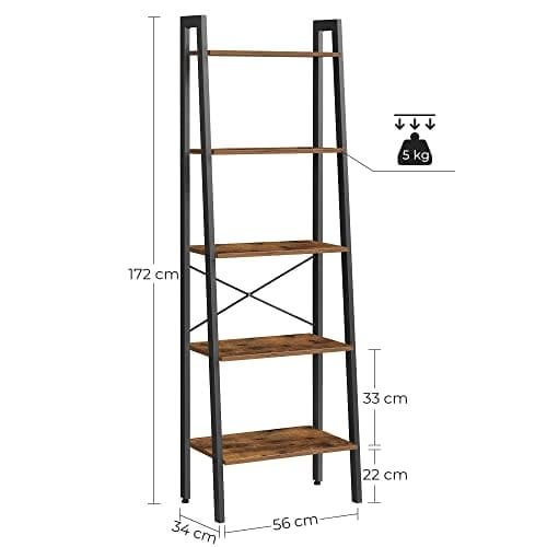 Vasagle Ladder hylde, 5-lags industriel reol, opbevaringsenhed, med metalramme, til stue, køkken, rustik brun LLS45X
