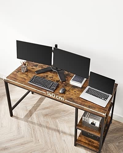 Vasagle Computer Desk, Writing Desk med 2 hylder på venstre eller højre, arbejdsbord til kontorstue, stålramme, industriel, rustik brun og sort LWD55X