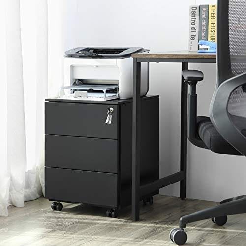 Songmics Mobile File Cabinet, Lockable, med 3 skuffer, holder dokumenter, papirvarer, forudmonteret, til kontor, hjemmekontor, 39 x 45 x 55 cm (L X W X H), Matte sort OFC63BK