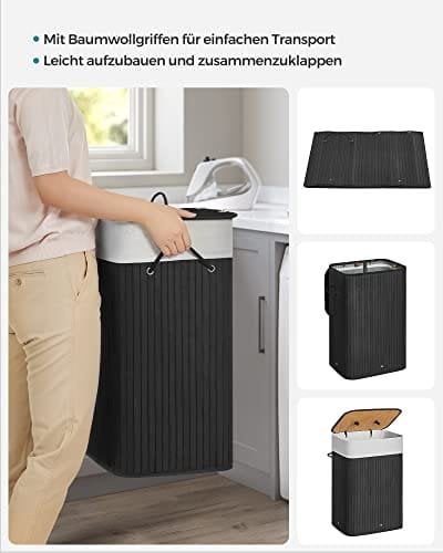 Songmics bambusvaskeri, 72L sammenfoldelig vaskeri, rektangulær opbevaring hæmmer med 3 håndtag, 40 x 30 x 60 cm, sort LCB10b