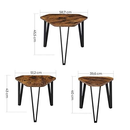 Vasagle, der hekker sofabord, sæt med 3 slutborde til stue, stabling af sideborde, robust og let samling, stålramme, industriel stil, rustik brun og sort LNT14BX