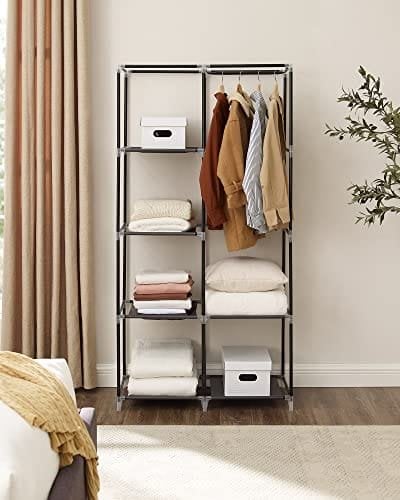 Songmics stofgarderobe, tøjopbevaringsarrangør med 2 hængende skinner, 6 hylder, tilpasset design, 88 x 45 x 168 cm, til soveværelse, afdeling, sort ryg84h