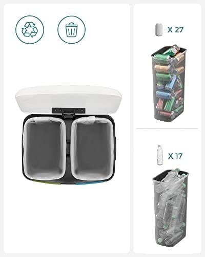 Songmics Double Rubbish Bin, 2 X 20 L Kitchen Bin, Dual Compment Metal Step Bin, med plastiske indre spande, blød-tæt låg og håndtag, lugtforsegling, hvid LTB40WT