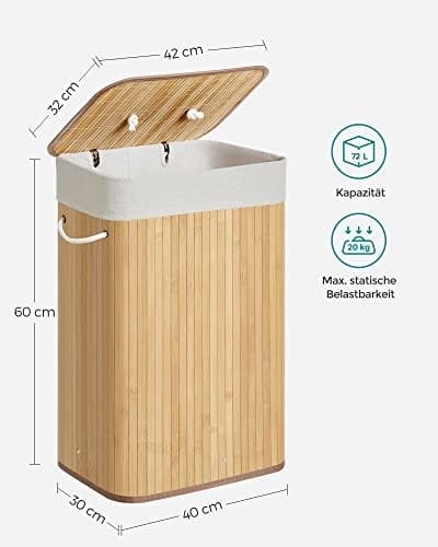 Songmics bambusvaskekurv, XL sammenklappelig opbevaring hæmmer med aftagelig vaskbar foring, 72L, 40 x 30 x 60 cm, naturlig LCB10Y