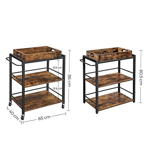 Vasagle Kitchen Trolley med aftagelig bakke, servering af vognvogne, universelle koder med bremser, nivellerende fødder, stålstruktur, køkkenhylde, 65 x 40 x 86 cm, rustik brun LRC72X