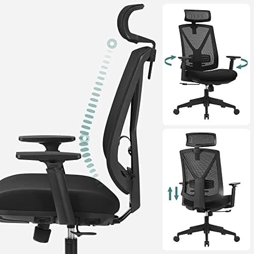 Songmics obn61bkv1 ergonomisk kontorstol med fodstøtte, skrivebordsstol med lændehjælp, justerbar nakkestøtte og armlæn, højdejustering og rockerfunktion, maksimal belastning 150 kg, sort