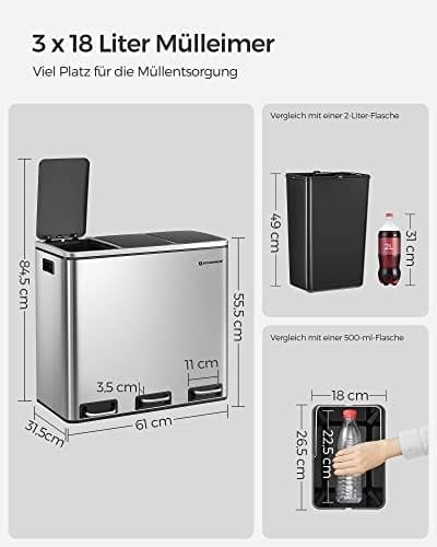 Songmics Recycling Bin, 3 X 18 L Triple Kitchen Bin, 3 Rum Pedal Bin With Soft-Close Låg, Plast