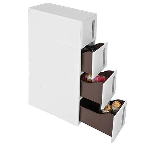 Songmics plastopbevaringsskuffer, smal opbevaringsvogn på hjul, 4-skuffe opbevaringsenhedstårn til badeværelse køkken, rumbesparende, 45 x 17 x 83 cm, hvid og brun KFR08WT