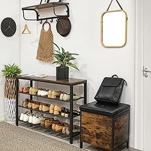 Vasagle sko rack, skoarrangør med 3 mesh hylder, til gang, stue, soveværelse, enkel struktur, stabil, industriel stil, rustik brun og sort lbs14bx