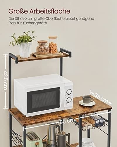VASAGLE Leipurin teline hyllyillä, mikroaaltouunin teline lankakorilla, rustiikinruskea