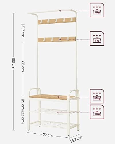 Vasagle Coat Rack, frakke står med skoopbevaringsbænk, 4-i-1 design, med 9 aftagelige kroge, en tøjskinne, til gangen, indgang, 33,7 x 77 x 183 cm, moderne, eg og fløde HSR40W