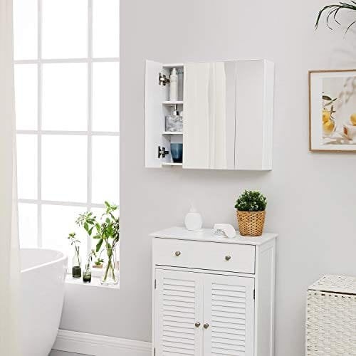 Badeværelsesvægskab, Skab med Spejl, 3-dørs Opbevaringsskab, 60 X 15 X 55 Cm, med Justerbar Hylde, Moderne, Hvid