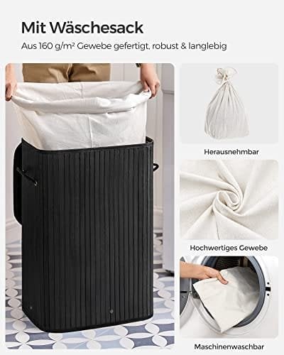 Songmics bambusvaskeri, 72L sammenfoldelig vaskeri, rektangulær opbevaring hæmmer med 3 håndtag, 40 x 30 x 60 cm, sort LCB10b