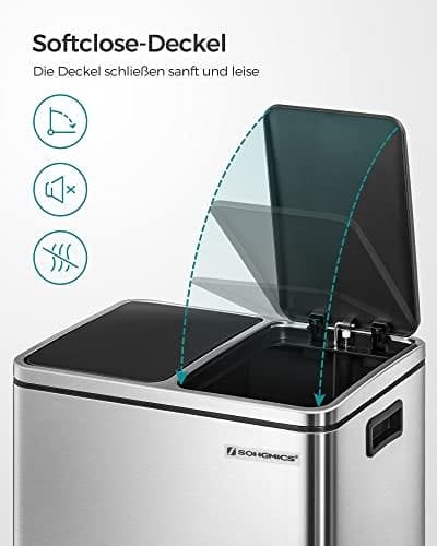 SONGMICS Kierrätyskori, 2 x 15L teräsroskakori, Step Bin, hopea ja musta