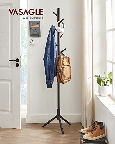 Vasagle Standing Coat Rack, Solid Wood Coat Rack, træformet frakkeholder med 8 kroge, 3 højdeindstillinger, til tøj, hatte, tasker, til stue, soveværelse, hjemmekontor, sort RCR004B01