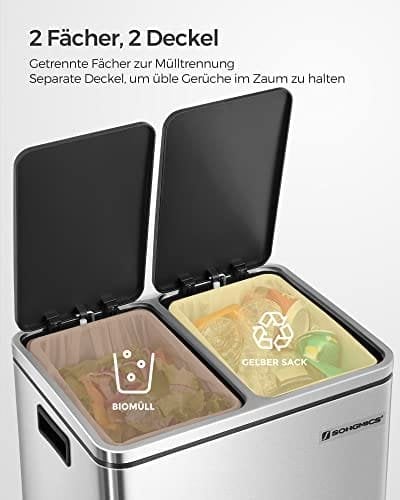 SONGMICS Kierrätyskori, 2 x 15L teräsroskakori, Step Bin, hopea ja musta