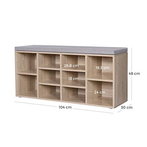 Vasagle skobænk, skohylde, opbevaringsskab, 10 rum, med pude, til indgang, 104 x 30 x 48 cm, eg farve LHS10NL