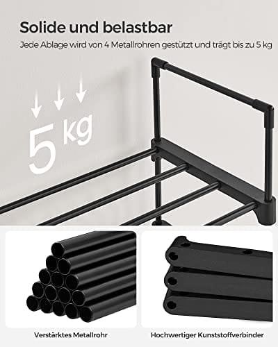 Songmics Shoe Rack, 10-lags metal skoopbevaringsarrangør, tilpasselig design, metalramme, rumbesparende rack, til omklædningsrum, gang, 30 x 45 x 174 cm, sort LSA25BK