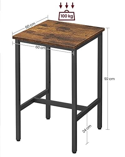 Vasagle morgenmadsbar, firkantet højt barbord, kraftig stålramme, 60 x 60 x 90 cm, let samling, til køkkenstue, industriel stil, rustik brun og sort LBT25X