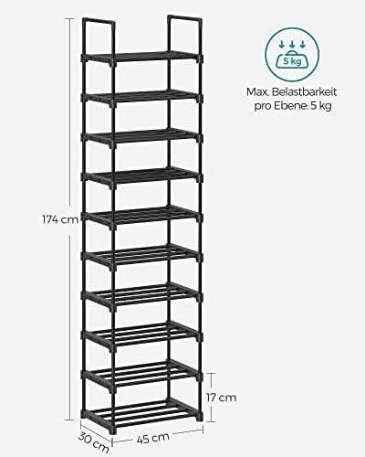 Songmics Shoe Rack, 10-lags metal skoopbevaringsarrangør, tilpasselig design, metalramme, rumbesparende rack, til omklædningsrum, gang, 30 x 45 x 174 cm, sort LSA25BK