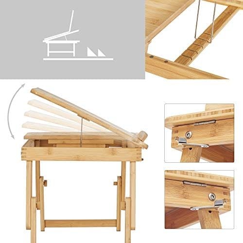 Songmics Bambus Lap Desk, bærbar bord, morgenmadsbakke med 5 justerbare vippevinkler, lille skuffe, naturlig LLD01N