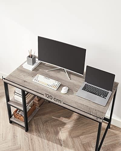 Vasagle Computer Desk, Writing Desk med 2 hylder på venstre eller højre, arbejdsbord til kontorstue, stålramme, industriel, greige og sort LWD47MB