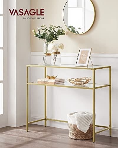 Vasagle -konsolbord, tempereret glasbord, moderne sofa eller indgangsbord, metalramme, 2 hylder, justerbare fødder, til stue, hallway, guldfarve LGT025A01