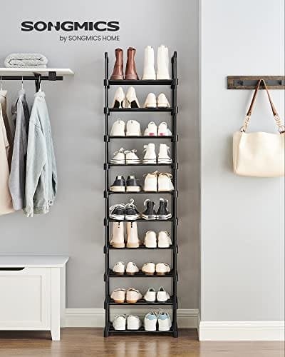 Songmics Shoe Rack, 10-lags metal skoopbevaringsarrangør, tilpasselig design, metalramme, rumbesparende rack, til omklædningsrum, gang, 30 x 45 x 174 cm, sort LSA25BK