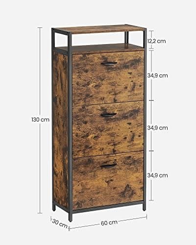 Vasagle-skoskab med 3 flipdøre, opbevaringsstativ med åbent rum, interne opdelere, til 15-18 par sko, 60 x 30 x 130 cm, rustik brun og sort LBS101B01