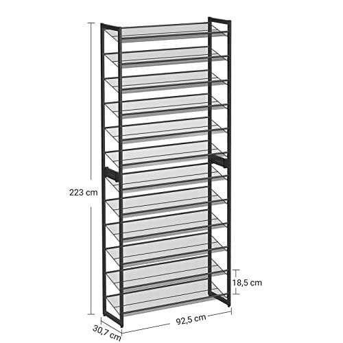 Songmics 12-lags sko rack, sæt med 2 stable 6-lags skoarrangører, 48-60 par sko, stor kapacitet, metal mesh sko hylde opbevaring, justerbar flad eller vinklet hylder, sort LMR12B