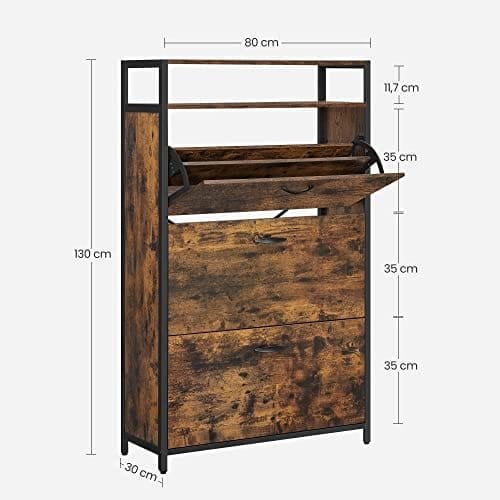 Vasagle LBS802B01 Skoskab med 3 flapper, skostativ, i gangen, for 15-24 par sko, pladsbesparelse, 80 x 30 x 130 cm, vintage brun/sort/sort