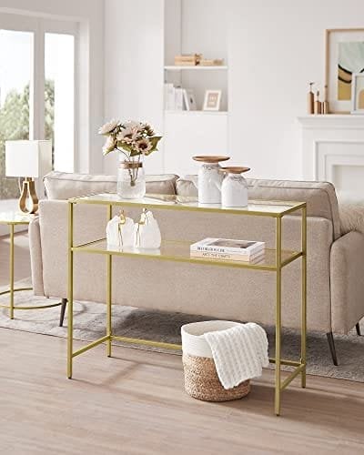 Vasagle -konsolbord, tempereret glasbord, moderne sofa eller indgangsbord, metalramme, 2 hylder, justerbare fødder, til stue, hallway, guldfarve LGT025A01