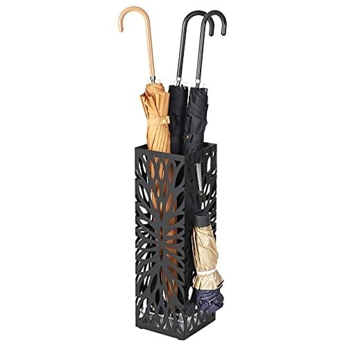 Songmics Metal Paraply Stand, Modern Square Paraply Holder Rack, 15,5 x 15,5 x 49 cm, med 4 kroge og en aftagelig drypbakke, til gangen, kontor, sort luc48b