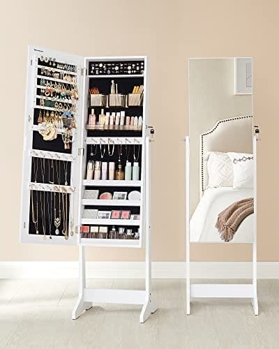 Songmics Jewelry Cabinet Armoire, fritstående låsbar opbevaringsarrangørenhed med 2 plastkosmetisk opbevaring, rammeløst spejl i fuld længde, til halskædeørering, hvid ujjc002w01