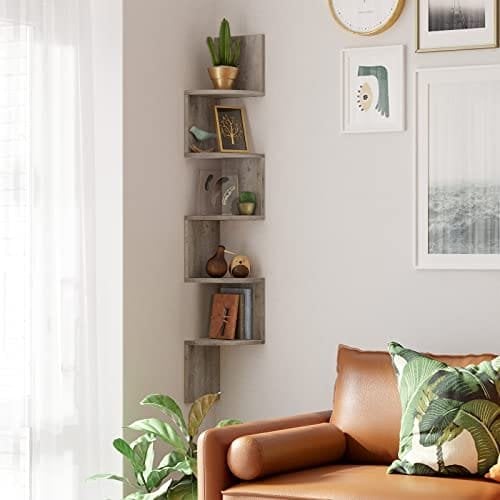 Vasagle Corner Shelf, 5-lags flydende væghylde med zigzag-design, boghylde, Greige LBC020M01