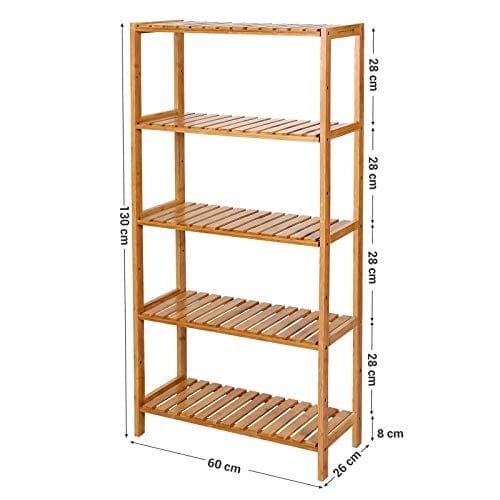 Songmics BCB35Y Badeværelse Køkkenopbevaring Bambus 5 Hylder Justerbar gulvhøjde Blomsterstand Boghylde Naturlig, 60 x 26 x 130 cm