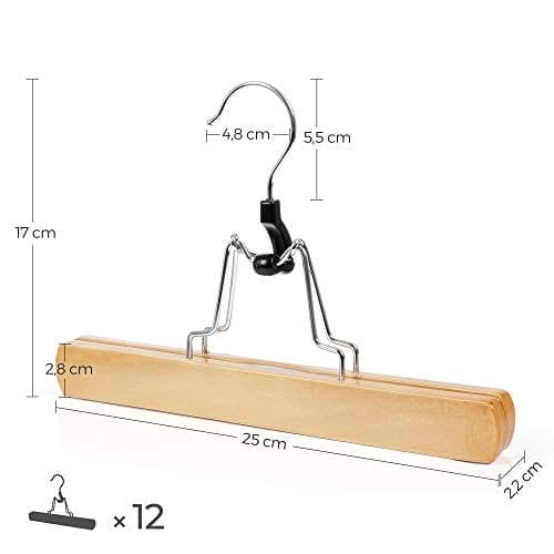 Songmics 12 pcs Træbukser Hænger ikke-skridsikre krom kroge 360 graders roterende naturlig CRW007-12