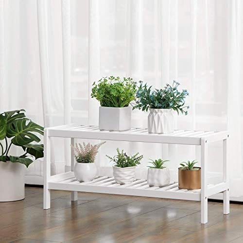Songmics Natural Bambus 2-lags skostativ, hylde til sko planter bøger, til stue hallway soveværelse badeværelse, 70 x 26 x 33 cm, hvid lbs02wt