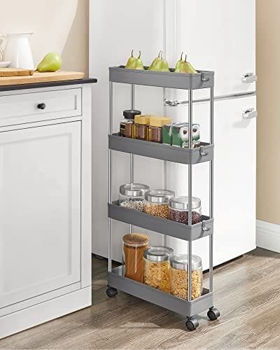 Songmics 4-lags glide opbevaringsvogn, rullende vogn på hjul, pladsbesparende smal køkken badeværelse vogn, 40 x 12,5 x 86 cm, grå KSC008G01