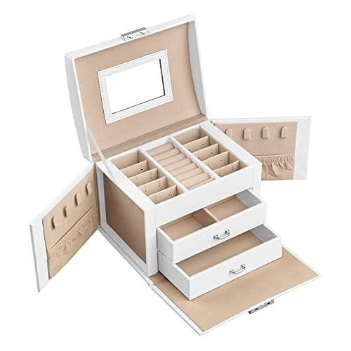 Songmics 3-lags smykkeboks, rejsesmykker med håndtag, 2 skuffer, låsbar smykker arrangør med spejl, smykkeopbevaring, moderne stil, gave til kære, hvid JBC154W01