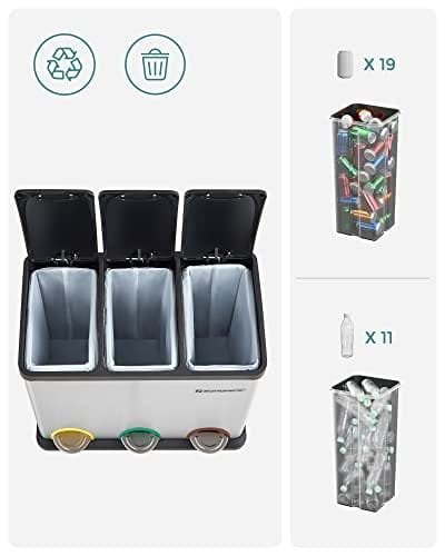 Songmics Recycling Bin, Pedal Bin, 45-liter Metal Rubbish Bin, Waste Separation System skraldespand til køkken, holdbar, 3 x 15 liter, rustfrit stål, sølv og sort LTB45L