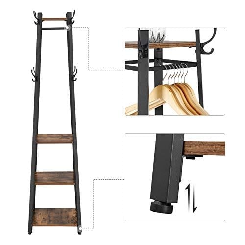 Vasagle frakke rack, frakke står med 3 hylder, stige hylde med kroge til tørklæder, tasker og paraplyer, stålramme, industriel stil, rustik brun og sort LCR80X